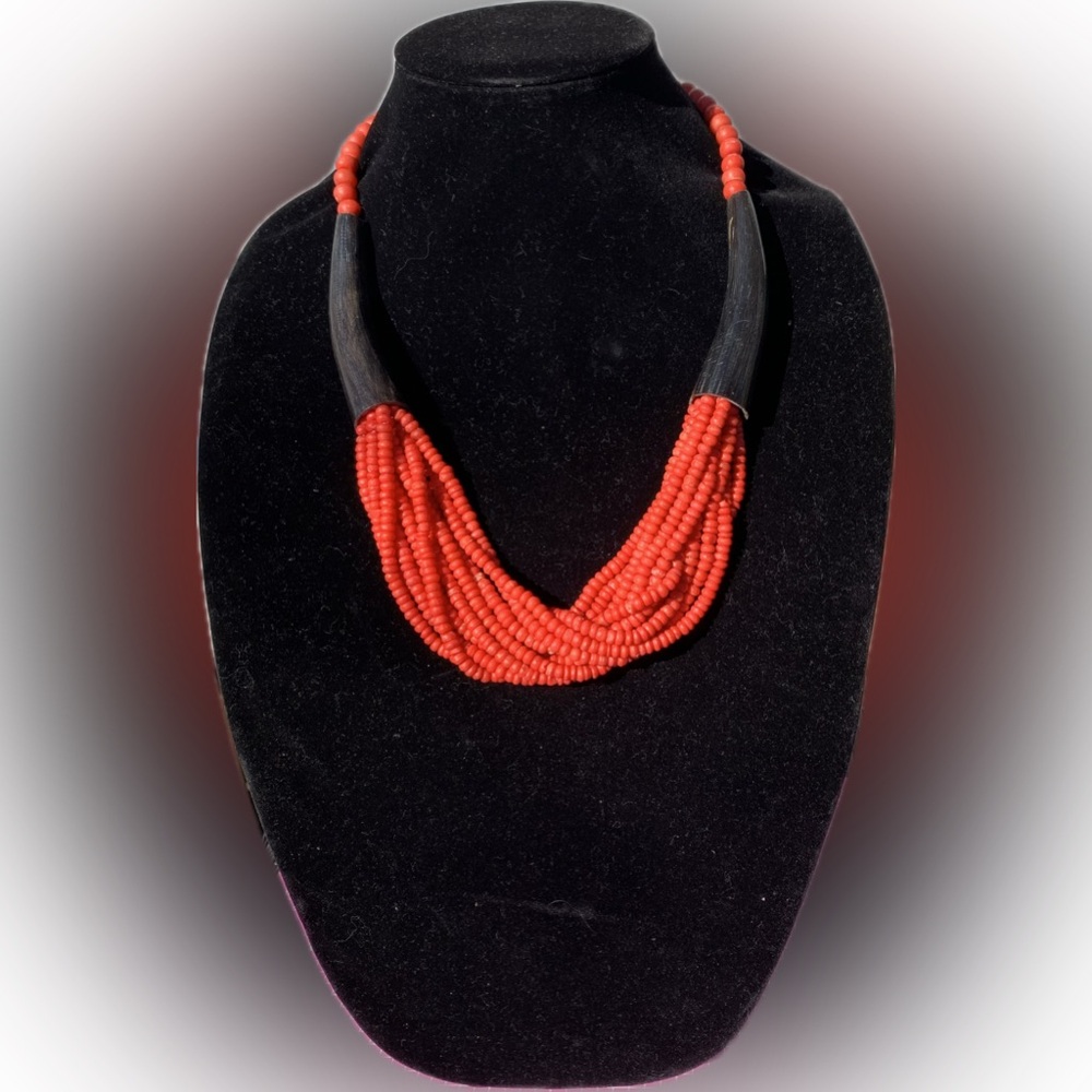 PANNEE by Panacea Elegant multi layered Red Beaded Yak Bone Carved Necklace 24”
